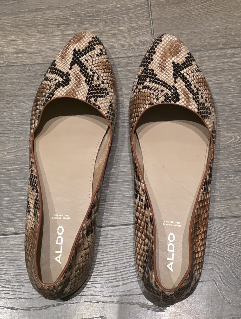 Aldo Brown Snake-Print Pointed Toe Flats